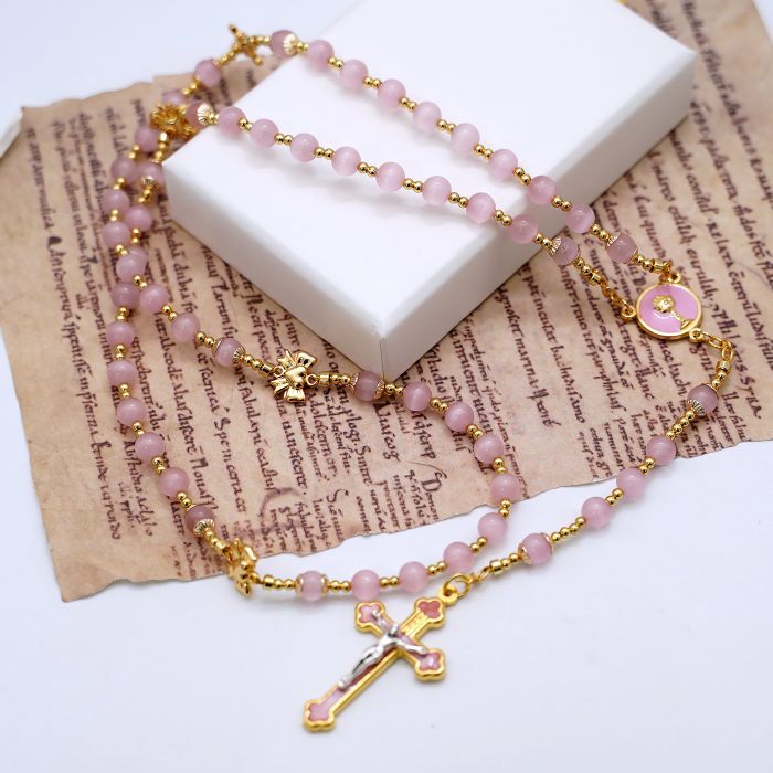 玫瑰念珠-圣爵蝴蝶结-粉水晶/粉水晶-6mm送念珠包 Catholic religious art