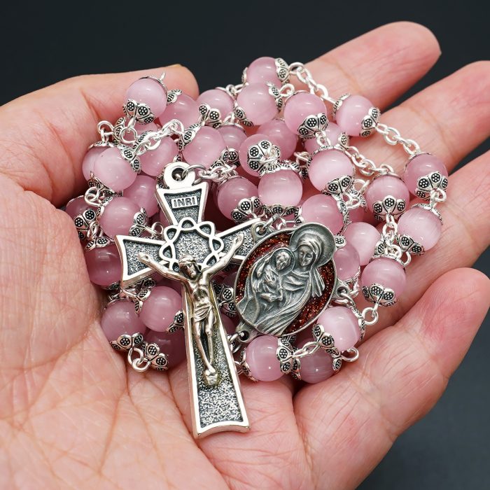 玫瑰念珠-圣家主题-桃花粉猫眼石-8mm Catholic religious art