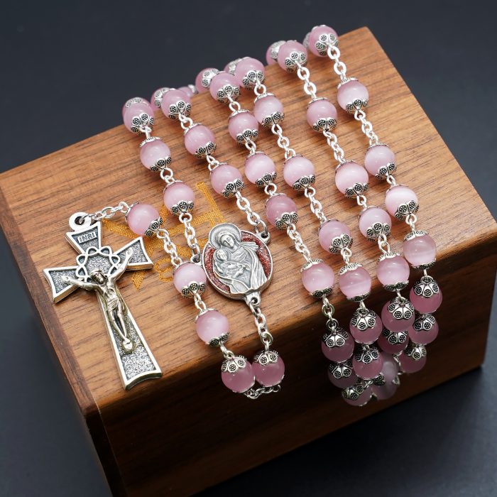 玫瑰念珠-圣家主题-桃花粉猫眼石-8mm Catholic religious art