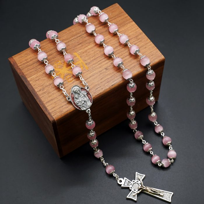 玫瑰念珠-圣家主题-桃花粉猫眼石-8mm Catholic religious art