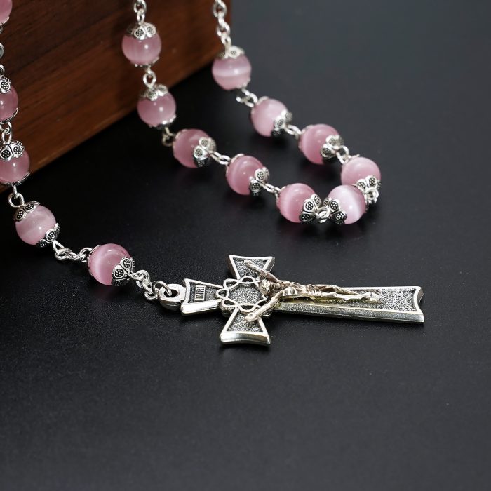 玫瑰念珠-圣家主题-桃花粉猫眼石-8mm Catholic religious art