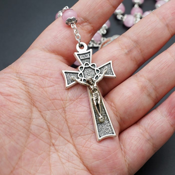 玫瑰念珠-圣家主题-桃花粉猫眼石-8mm Catholic religious art