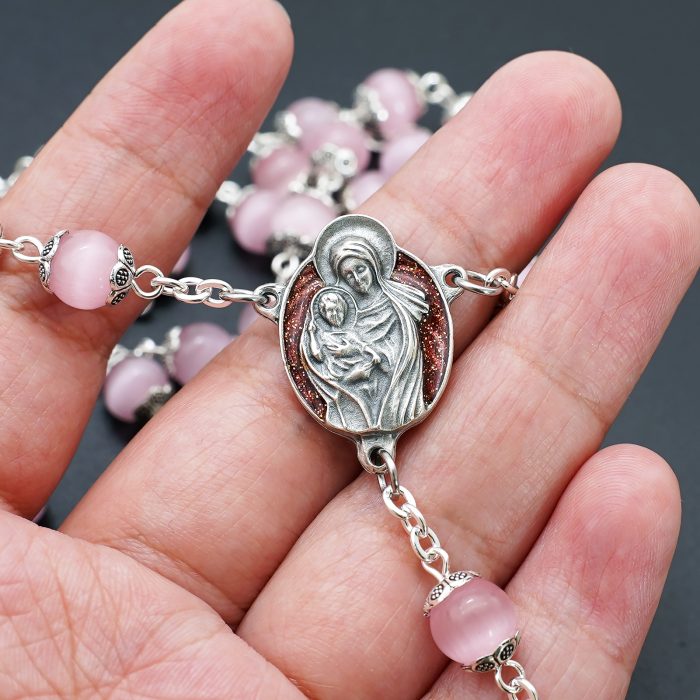 玫瑰念珠-圣家主题-桃花粉猫眼石-8mm Catholic religious art