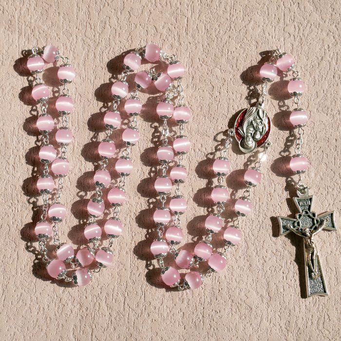 玫瑰念珠-圣家主题-桃花粉猫眼石-8mm Catholic religious art