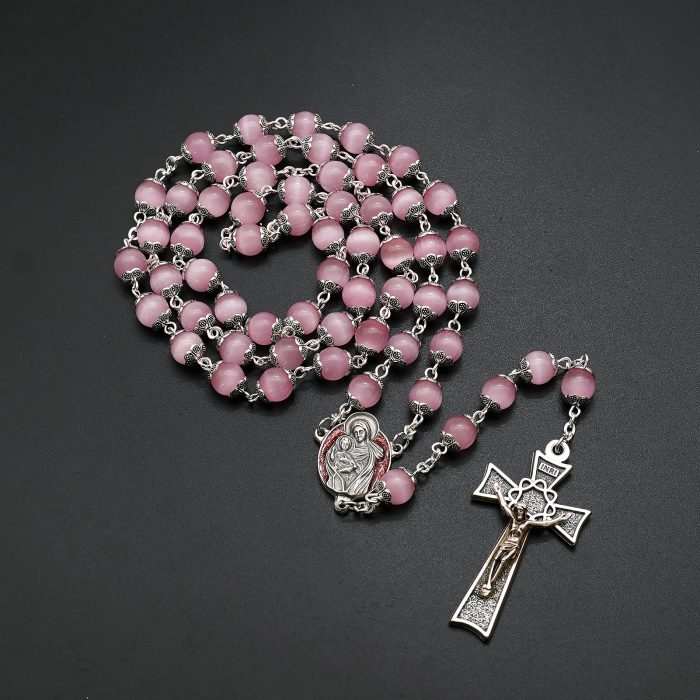 玫瑰念珠-圣家主题-桃花粉猫眼石-8mm Catholic religious art