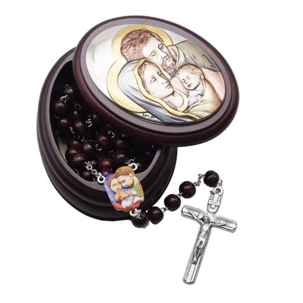 玫瑰念珠-桃木套装-圣家-彩色-925银浮雕像-带盒