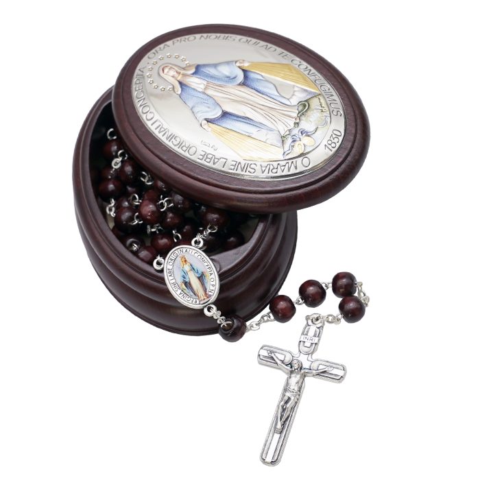 玫瑰念珠-紫檀套装-无染原罪-彩色-925银浮雕像-带盒 Catholic religious art