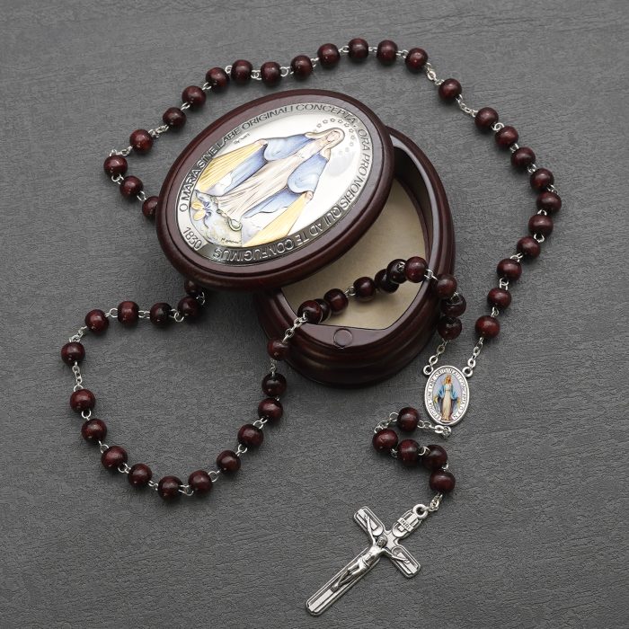 玫瑰念珠-紫檀套装-无染原罪-彩色-925银浮雕像-带盒 Catholic religious art