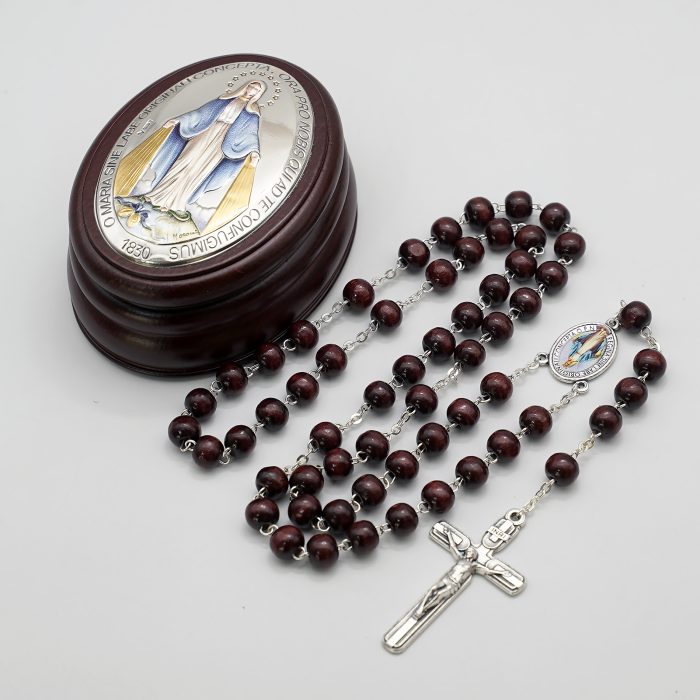 玫瑰念珠-紫檀套装-无染原罪-彩色-925银浮雕像-带盒 Catholic religious art