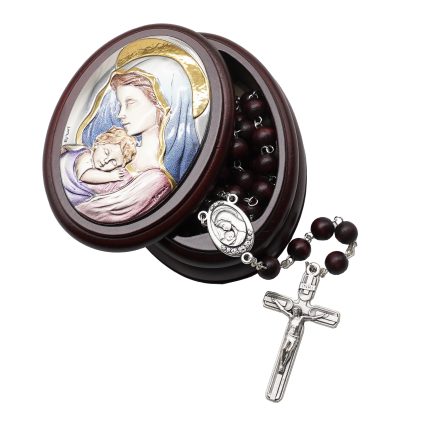 玫瑰念珠-桃木套装-圣母抱子-彩色-925银浮雕像-带盒