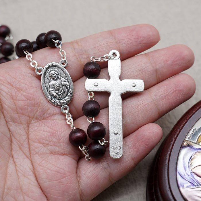 玫瑰念珠-紫檀套装-圣母抱子-彩色-925银浮雕像-带盒 Catholic religious art