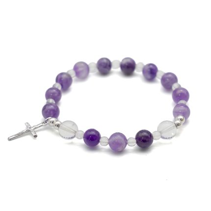 弹力紫水晶手链-925银十字架-8mm