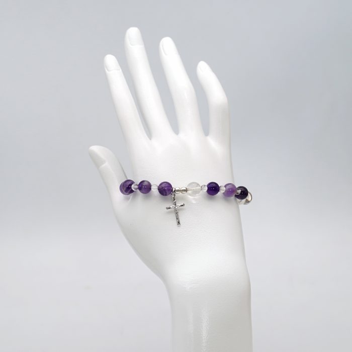 弹力紫水晶手链-925银十字架-8mm Catholic religious art