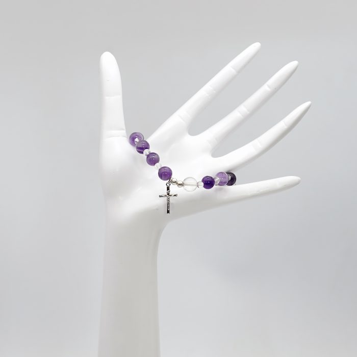 弹力紫水晶手链-925银十字架-8mm Catholic religious art