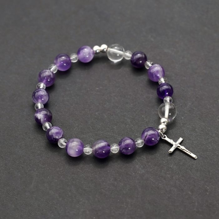 弹力紫水晶手链-925银十字架-8mm Catholic religious art