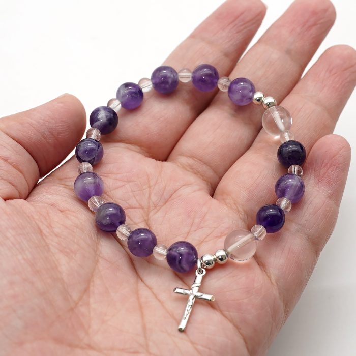 弹力紫水晶手链-925银十字架-8mm Catholic religious art