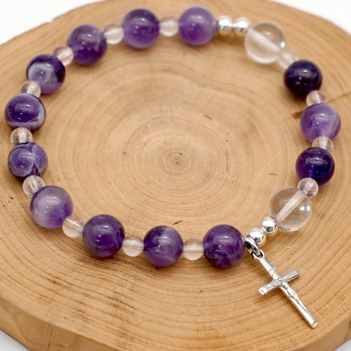 弹力紫水晶手链-925银十字架-8mm Catholic religious art