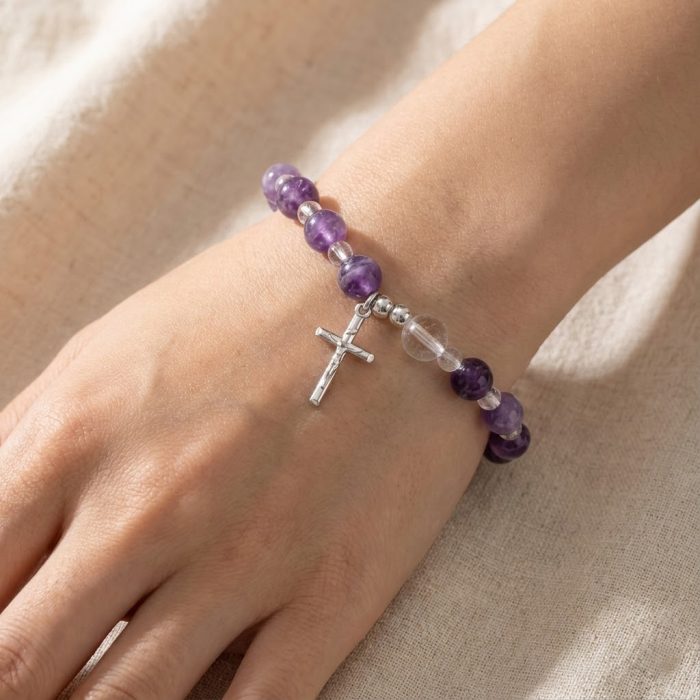弹力紫水晶手链-925银十字架-8mm Catholic religious art