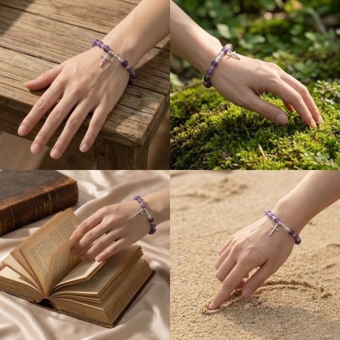 弹力紫水晶手链-925银十字架-8mm Catholic religious art