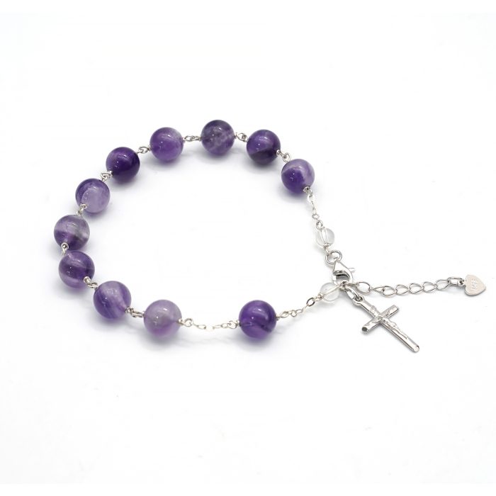 IC01B040 紫水晶-通体925银手链-龙虾扣-十字架-8mm Catholic religious art