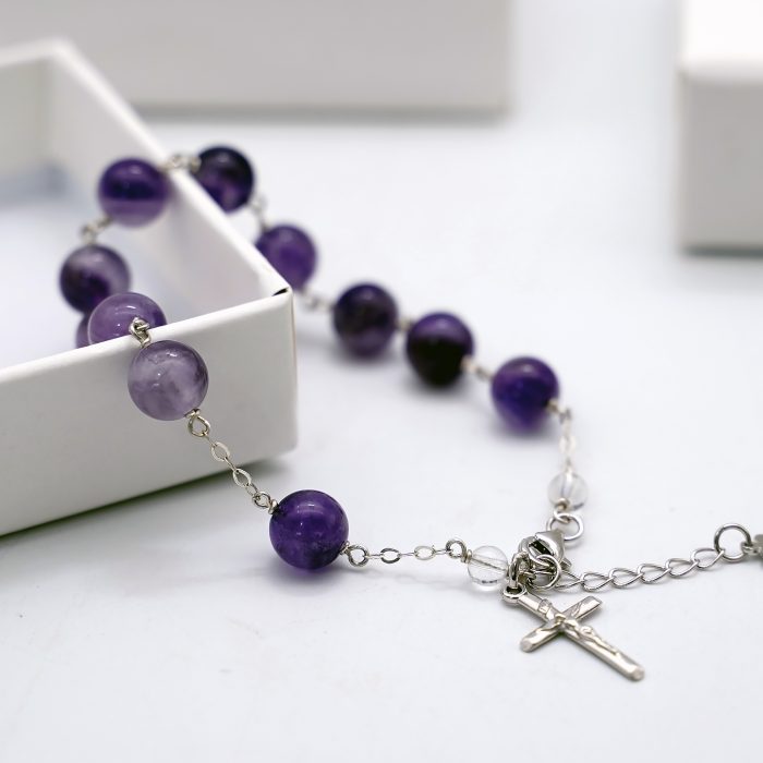 紫水晶-通体925银手链-龙虾扣-十字架-8mm Catholic religious art