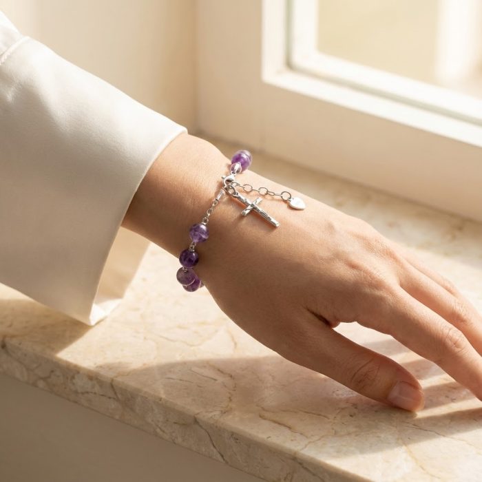 紫水晶-通体925银手链-龙虾扣-十字架-8mm Catholic religious art