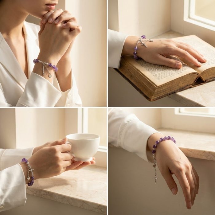 紫水晶-通体925银手链-龙虾扣-十字架-8mm Catholic religious art