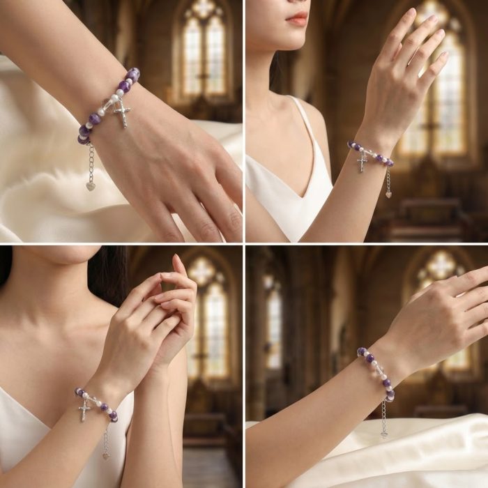 紫水晶-925银十字架-龙虾扣-8mm Catholic religious art