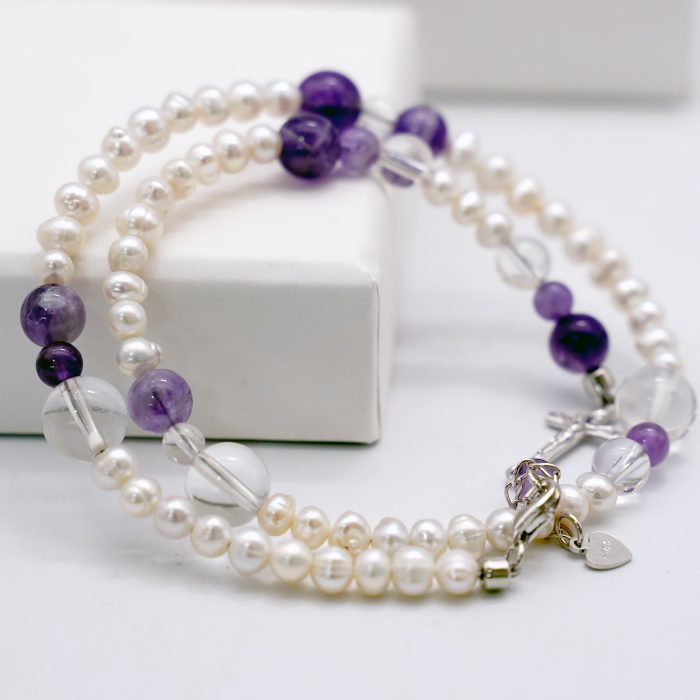 双圈珍珠紫水晶银手链--龙虾扣-8mm Catholic religious art