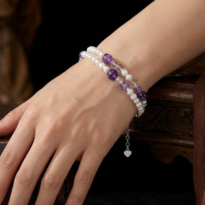 双圈珍珠紫水晶银手链--龙虾扣-8mm Catholic religious art