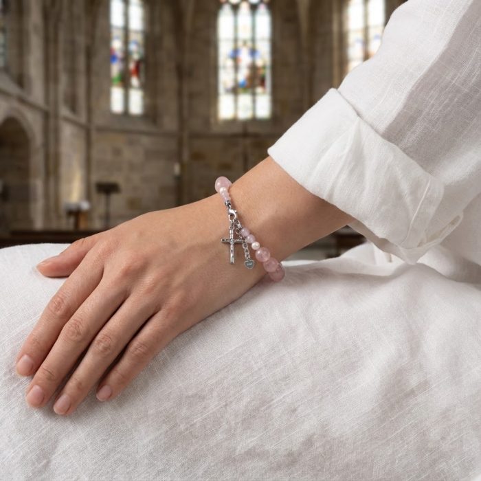 粉水晶珍珠-925银十字架-龙虾扣-8mm Catholic religious art