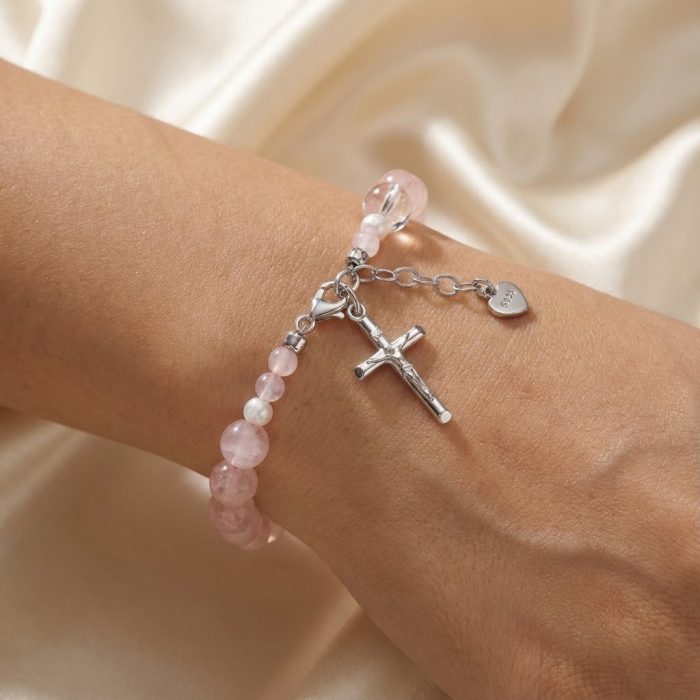 粉水晶珍珠-925银十字架-龙虾扣-8mm Catholic religious art