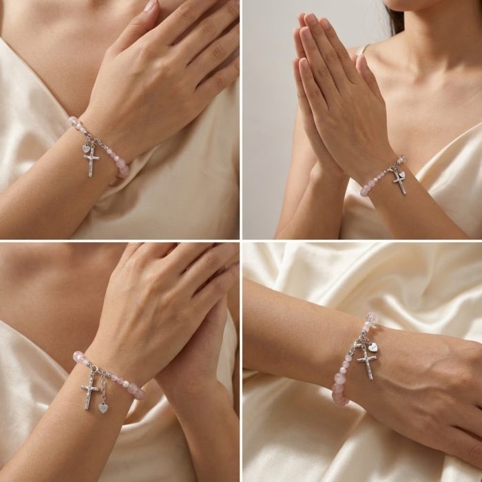 粉水晶珍珠-925银十字架-龙虾扣-8mm Catholic religious art