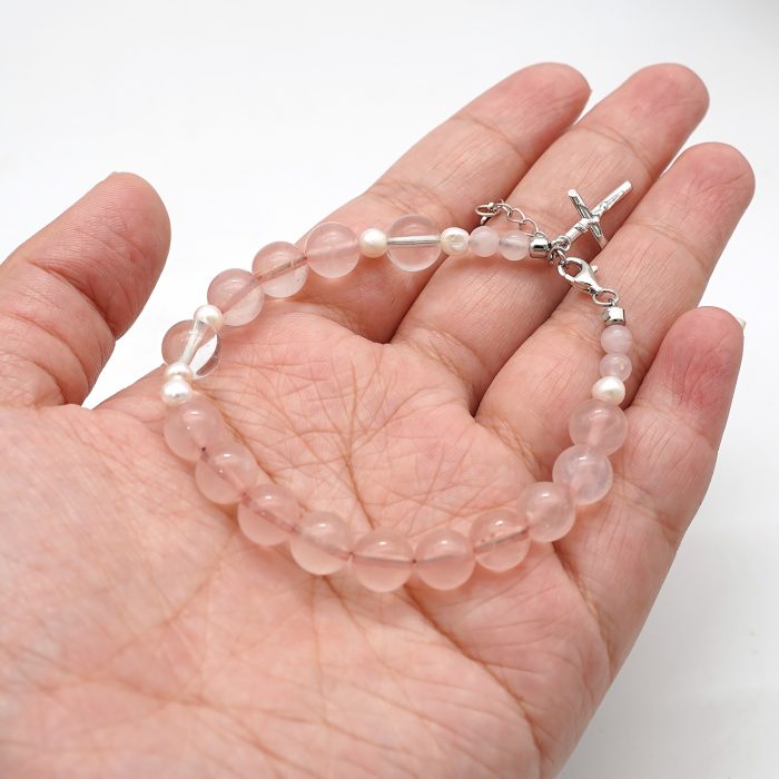 粉水晶珍珠-925银十字架-龙虾扣-8mm Catholic religious art