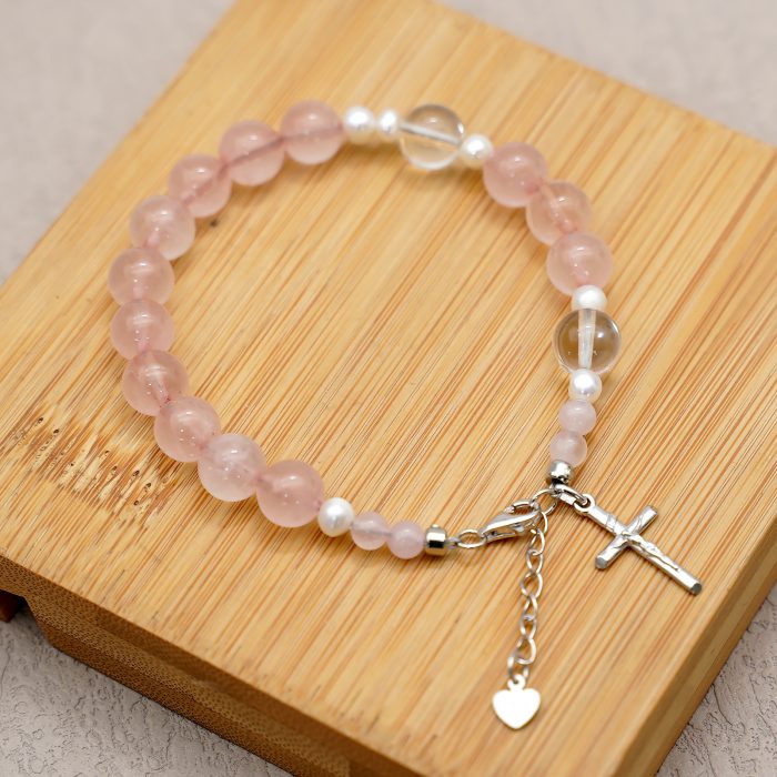 粉水晶珍珠-925银十字架-龙虾扣-8mm Catholic religious art