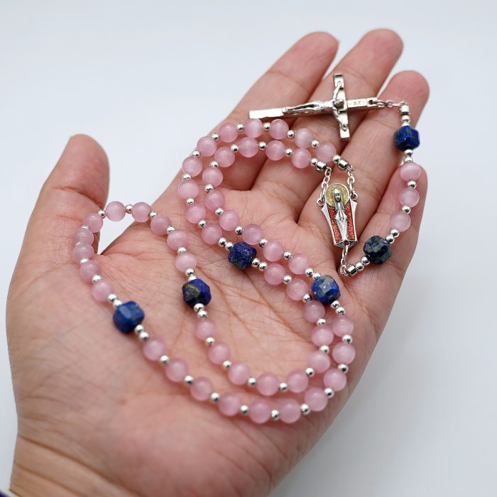 玫瑰念珠-粉猫眼配青金石-6mm-情侣款 Catholic religious art