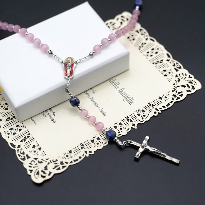 玫瑰念珠-粉猫眼配青金石-6mm-情侣款 Catholic religious art
