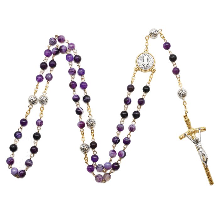 玫瑰念珠-圣本笃-缠丝玛瑙-紫色-玫瑰花珠-6mm Catholic religious art