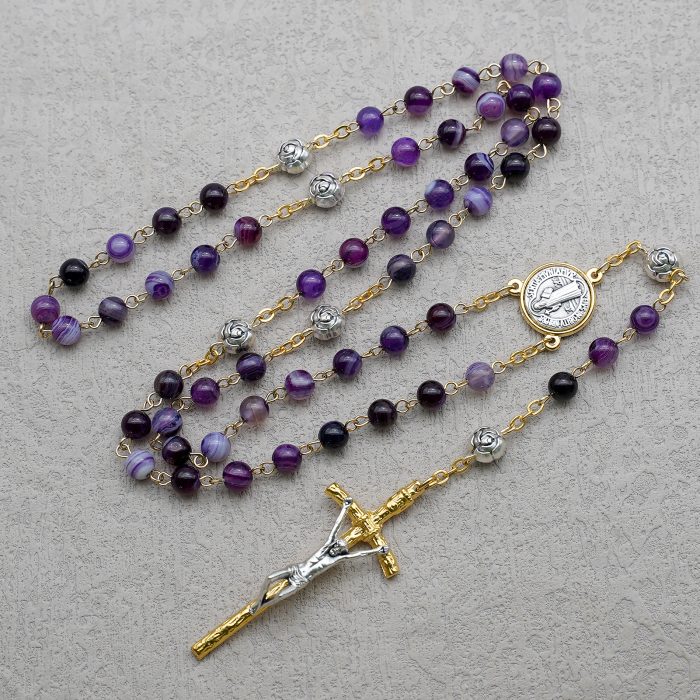 玫瑰念珠-圣本笃-缠丝玛瑙-紫色-玫瑰花珠-6mm Catholic religious art