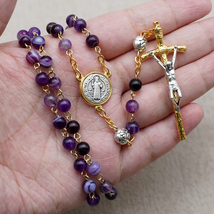 玫瑰念珠-圣本笃-缠丝玛瑙-紫色-玫瑰花珠-6mm Catholic religious art