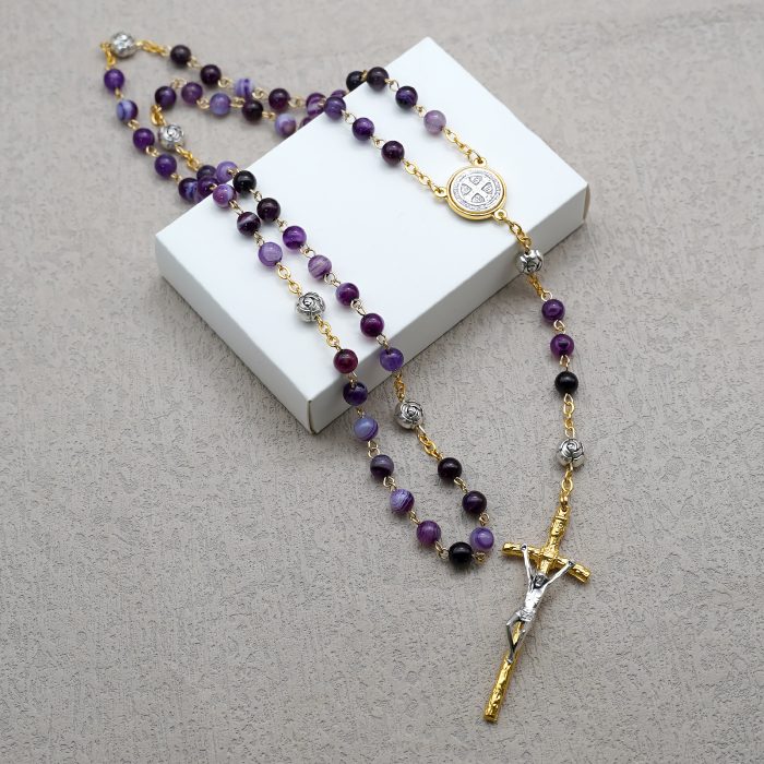 玫瑰念珠-圣本笃-缠丝玛瑙-紫色-玫瑰花珠-6mm Catholic religious art