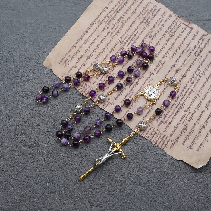 玫瑰念珠-圣本笃-缠丝玛瑙-紫色-玫瑰花珠-6mm Catholic religious art
