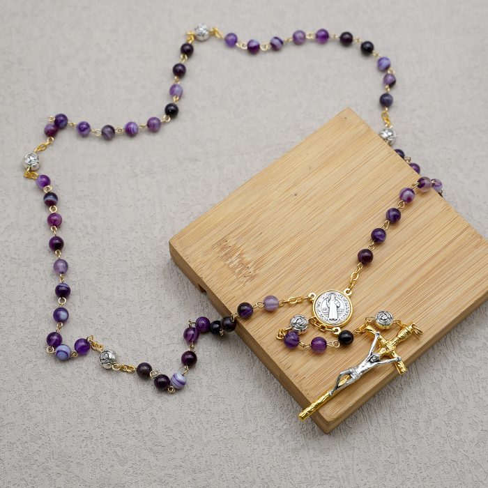 玫瑰念珠-圣本笃-缠丝玛瑙-紫色-玫瑰花珠-6mm Catholic religious art