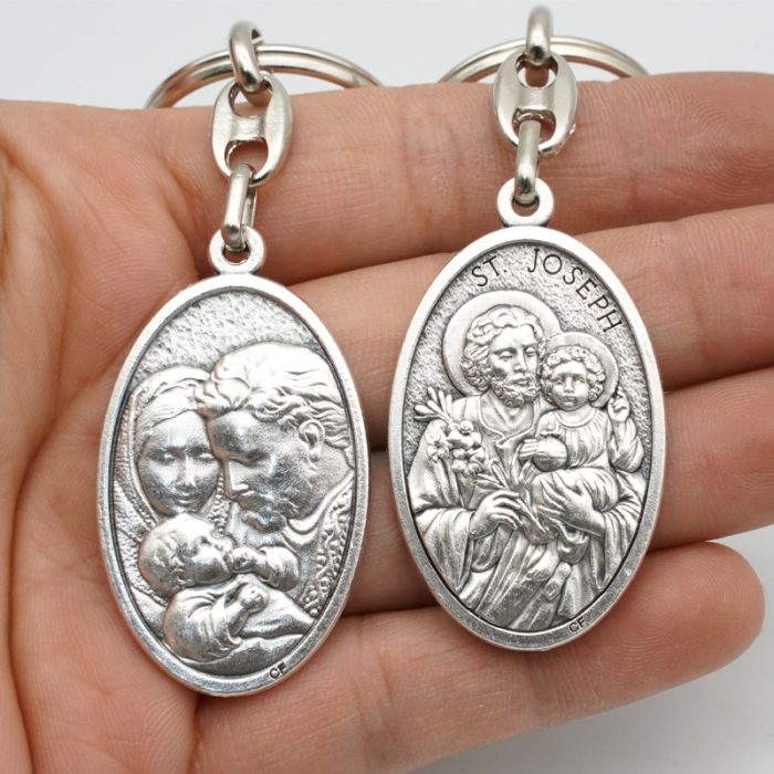钥匙扣-圣若瑟+圣家-锌合金-9.5cm Catholic religious art