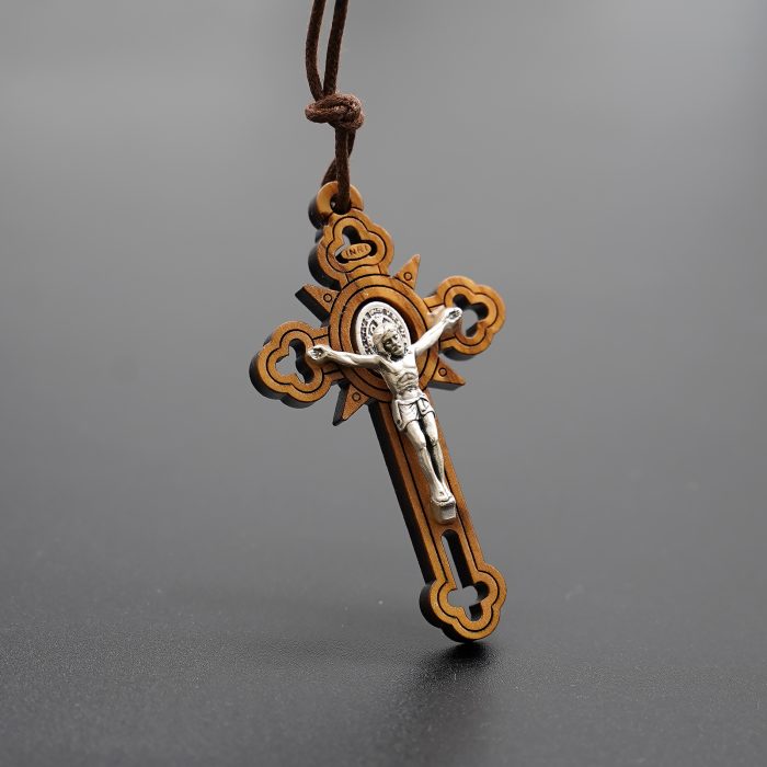 十字架-圣本笃-橄榄木-穿孔设计-椭圆圣牌-带挂绳-5.7x3.5cm Catholic religious art
