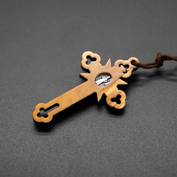 十字架-圣本笃-橄榄木-穿孔设计-椭圆圣牌-带挂绳-5.7x3.5cm Catholic religious art