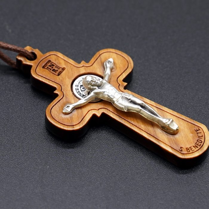十字架-圣本笃-橄榄木-合金圣尸带绳-4.9x3cm Catholic religious art