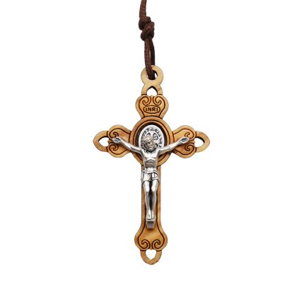 十字架-圣本笃-橄榄木-合金圣尸带绳-5.3x3.3cm
