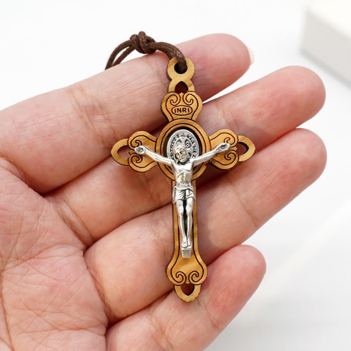 十字架-圣本笃-橄榄木-合金圣尸带绳-5.3x3.3cm Catholic religious art
