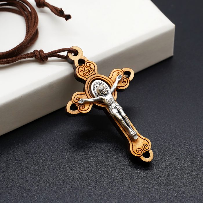 十字架-圣本笃-橄榄木-合金圣尸带绳-5.3x3.3cm Catholic religious art